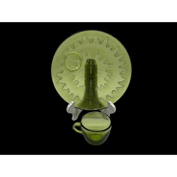 Vintage Sunburst Green by Indiana Glass Snack Plate & Cup Set Textured USA MCM - Picture 2 of 16